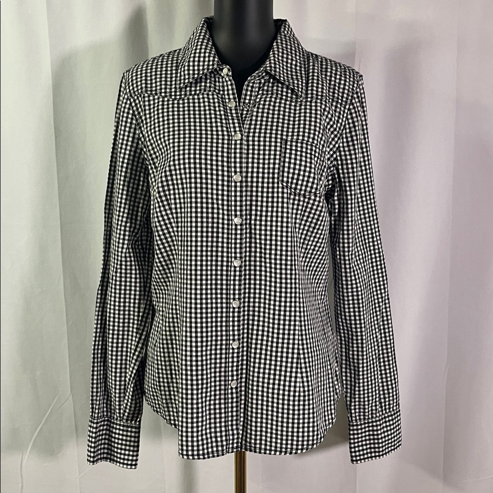 Guess Black & White Gingham Plaid Long Sleeve Western Pearl Snap Button Shirt
